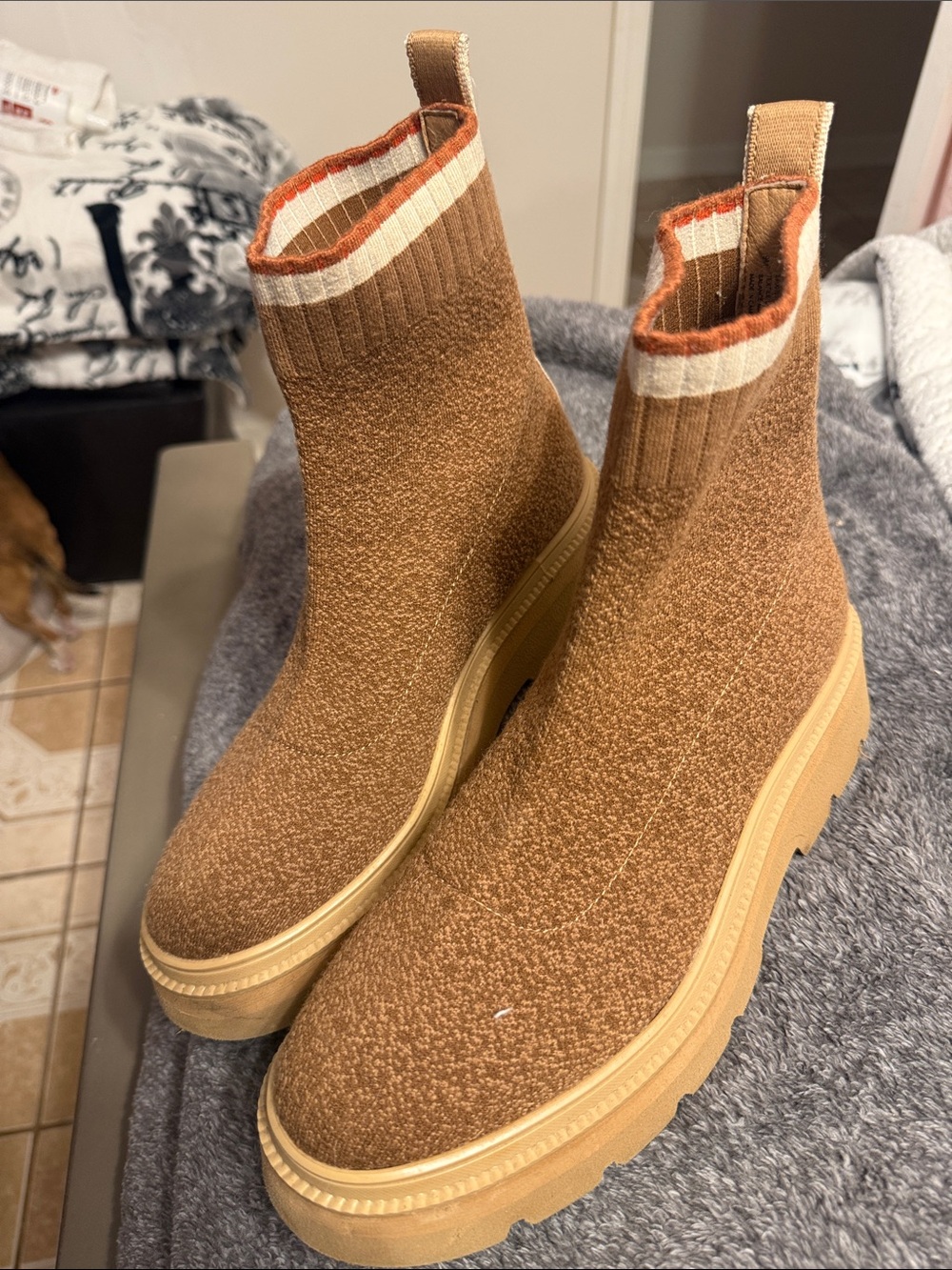 Sofft Camel Knit Sock Booties with Cream & Rust Trim